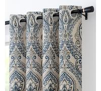 Vangao Vintage Damask Blue Curtains 96 Inch Blackout Curtains Linen Textured Floral Paisley Medallion Print for Bedroom Living Room Darkening Drapes 2 Panels Navy on Beige 52" x 96"