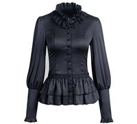 VANGARSUN Women Vintage Medieval Victorian Gothic Lolita Steampunk Lace Ruffled Pearl Button Blouse, Black, X-Large