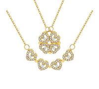 VANGETIMI 2 in 1 Four Leaf Clover Charm Lucky Necklace Heart Crystal Pendant Necklace Gold Link Valentine's Day Jewelry Gift for Women, Stainless Steel, Rhinestone