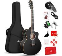 Vangoa 3/4 Electric Acoustic Guitar Kit for Beginners, 36 Inch Cutaway Acoustic Guitar Built-in Pickups, with Bag, Tuner, Strap, Capo, Picks, Spruce Top, Upgraded Starter Kit, Black Matte