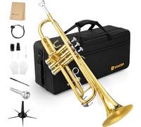 Vangoa Bb Standard Trumpet Brass Student Trumpet Instrument for Beginners Adults School Bands with Hard Case, Cleaning Kit, Stand, 7C Mouthpiece, Gloves, Valve Oil