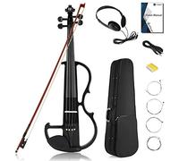 Vangoa Electric Violin Full Size 4/4, Black Silent Electric Violin, Solid Wood Metallic Electric Fiddle with Ebony Fittings, Beginner Kit for Adults Teens