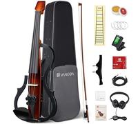Vangoa Electric Violin Full Size 4/4 Solid Wood Ebony Silent Electric Violin With 4 Fine Tuners, Beginner Adult Professional Performance Kit With Pro Pick up 3-band EQ Earphones Line, Brown