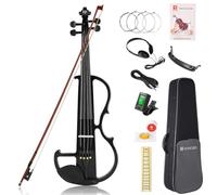 Vangoa Full Size 4/4 Solid Wood Electric Silent Violin with Chin Rest, Ebony Fittings, Carrying Hard Case, Extra Strings, Audio Cable, Rosin, Upgraded Bow, Black
