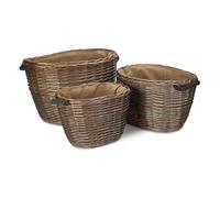Vanilla Leisure - Log Baskets Log Baskets Oval Deluxe for wood burner indoor & Fireplaces Antique Wash Willow Hessian lining Rope Handles Set of 3 Log Baskets Large Medium & Small