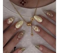 Vanilla Pearl Press On Nails, 24PCS Almond & Oval Shape with Butter Cream Yellow French Tip & Gold Outline - Floral Minimalist Luxe Design for Women's Party, Date Night and Everyday Wear