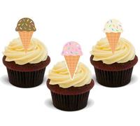 Vanilla Strawberry & Chocolate Cartoon Ice-Cream Cones 12 Edible Standup Premium Wafer Cake Toppers