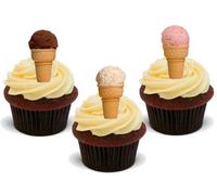 Vanilla Strawberry & Chocolate Ice-Cream Cones 12 Edible Standup Premium Wafer Cake Toppers