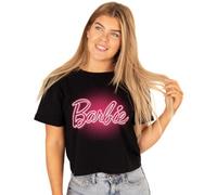 (L) Barbie Cropped T-Shirt Womens Ladies Neon Pink Logo Grey Top