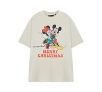 Disney Women's Beige Short Sleeved T-Shirt | All Tied Up Mickey Mouse & Minnie Mouse Graphic Tee | Christmas Holiday Crew Neck Top | Cartoon Theme Apparel for Women