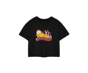 Vanilla Underground Garfield Womens Black Flames Cropped Short Sleeved T-Shirt (Xx-Large)