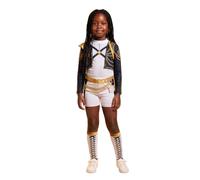 Vanilla Underground KPop Demon Hunters Rumi Golden Girls 2 Piece Costume | Long Sleeve Jacket with Metallic Belt, Leg Warmers and Graphic Shorts | Black Gold Kids Fancy Dress Outfit