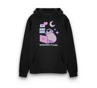Pusheen Womens Hoodie | Ladies Weekend Plans Graphic Hooded Sweatshirt in Black | Cat Kitten Laptop New Msg Love Hearts Apparel Sweater | Internet Cartoon Merchandise Gift