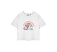 Pusheen Womens White Cropped T-Shirt | Short Sleeve Graphic Tee | Ladies Cat Top | Stylish Rainbow Apparel for Women & Teens