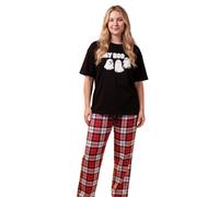 Vanilla Underground Show Me The Merch Hey Boo Women's Black Pyjama Set | Short Sleeve Top & Red Plaid Full-Length Trousers | Crew Neck Nightwear | Halloween Loungewear