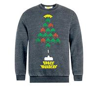 Vanilla Underground Space Invaders Christmas Tree Design Men's Grey Christmas Jumper