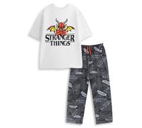 Vanilla Underground Stranger Things Mens White Logo Short Sleeve Long Leg Pyjama Set (Large)