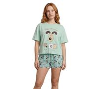 Vanilla Underground Wallace & Gromit Women's Mint Green Pyjama Set | Short Sleeve T-Shirt & Shorts | Gromit Graphic Print Cotton Nightwear | Television Merch