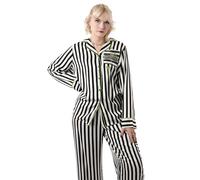 Vanilla Underground Women's Beetlejuice Striped Pyjama Set in Black and White | Long Sleeve, Long Leg PJs | Gothic Style Sleep Set | Loungewear Merchandise