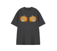 Vanilla Underground Women's Grey Graphic Tee | Pumpkin Hands Design Short Sleeve T-Shirt | Trendy Casual Wear | Unique Merchandise for Ladies | Comfortable Cotton Top | Fashionable Streetwear Apparel