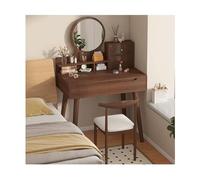 Vanity Desk Makeup Vanity Desk with Round Mirror and Lights Small Dressing Table for Bedroom with Lots Storage Oak 31inch Makeup Desk(Walnut,Double)