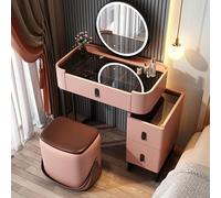 Vanity Desk,Pink Makeup Vanity Set with Round Mirror & Lights, Cushioned Stool & Side Cabinet, Large Dressing Table for Women & Girls, Ideal for Bedroom & Dressing Room (70x40x76cm)