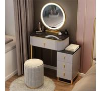 Vanity Desk with Mirror and Lights, Makeup Vanity Table Set with 4 Storage Drawer, Modern Dressing Table for Women Girls Bedroom - Cushioned Stool Included