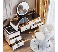 Vanity dressing table with drawers, Glass Top Vanity Table Makeup Desk with LED Lights Mirror and Petal chair, White Dresser with Charging Station Bluetooth for Women Bedroom,white 100