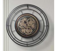 VANITY LIVING 60cm Black and Gold Gears Wall Clock - Large Round Metal & Glass Skeleton Clock, Modern Industrial Wall Clock with Exposed Gold Gears, Quartz Movement, Living Room