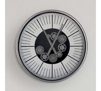 VANITY LIVING 60cm Silver Gear Wall Clock - Large Round Glass & Metal Industrial Wall Clock for Living Room, Modern Skeleton Design with Exposed Silver Gears & Silent Quartz Movement