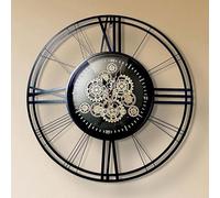 VANITY LIVING 80cm Black and Gold Gear Wall Clock - Large Round Glass & Metal Skeleton Clock for Living Room, Modern Industrial Wall Clock with Exposed Gold Gears, Silent Quartz Movement