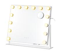 Vanity Makeup Mirror with Lights, Charging Ports, 14 Dimmable LED Bulbs, 3 Colour Temperatures, Detachable 10x Magnifying Mirror,Matte White