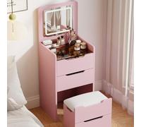 Vanity Makeup Table with Flip Top Mirror Hidden Stool Drawers Glass Top & Tri-Color Lights - Stylish Compact Bedroom Furniture for Effortless Beauty Routine