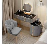 Vanity Set with LED Lights Kids Makeup Table 6 Drawer Dressing Table for Bedroom Adjustable Design Gray Color for Girls