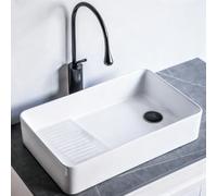 Vanity Sinks for Bathrooms, Ceramic Laundry & Utility Room Sinks with Washboard, Rectangle Vessel with Faucet, Drainer and Drain Pipe for Toilets, Balconies(White)