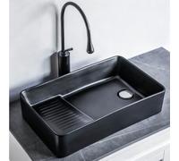 Vanity Sinks for Bathrooms, Ceramic Laundry & Utility Room Sinks with Washboard, Rectangle Vessel with Faucet, Drainer and Drain Pipe for Toilets, Balconies(Black)
