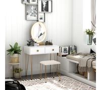 HOMCOM Dressing Table Set with LED Light, Round Mirror, Vanity Makeup Table with 2 Drawers and Cushioned Stool for Bedroom, White
