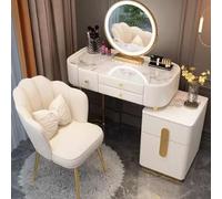 Vanity Table Set with Stool Mirror & LED Lights - Compact Makeup Desk in White & Gold Ideal for Bedroom or Dressing Area Dimensions: 80 x 40 x 78 cm IV Wood & Slate.