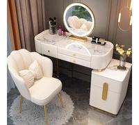 Vanity Table Set with Stool Mirror & LED Lights - Small Dressing Table for Bedroom White & Gold Finish Solid Wood & Slate 100 x 40 x 78 cm