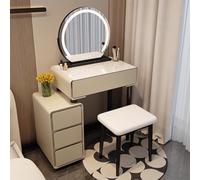 Vanity Table with 3-Color LED Lights Makeup Mirror with Drawer Glass Top Makeup Station with Stool Elegant Dressing Table for Bedroom Glamorous Beauty Setup