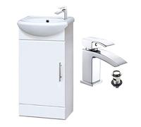 Vanity Unit Including Ceramic Basin & Chrome Waterfall Tap with Waste | Wall Mounted 1-Door with 1-Tap Hole Right Hand Basin | Bathroom Cloakroom Vanity Unit with Chrome Waterfall Tap - Gloss White