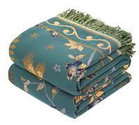 VANJOROY Boho 100% Cotton Large Throw Blanket - All Season Rustic Ultra Soft Breathable Floral Bird Blanket for Bed Sofa Couch Chair Bedspread Quilt Gift, 91" x 98"-Teal/Beige