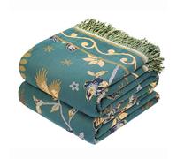 VANJOROY Boho 100% Organic Cotton Large Throw Blanket - All Season Rustic Ultra Soft Breathable Floral Bird Blanket for Bed Sofa Couch Chair Bedspread Quilt Gift, 50" x 60"-Teal,Beige