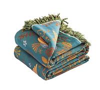VANJOROY Boho Throw Blanket, 100% Organic Cotton Breathable Ultra Soft 80" x 90" Bed Quilt Throw - Floral Rustic Bird Farmhouse Decor Luxury Reversible Blanket for Sofa Couch Chair and Gift,Teal/Beige