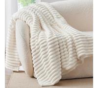 VANJOROY Fleece Large Cream Throw Blanket for Sofa and Bed, 300GSM Lightweight Blanket-130x170cm, 100% Microfiber Fluffy Fuzzy Soft Warm Cozy Luxury Throw for Chair Travel Gift. BeigeWhite