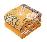 VANJOROY Throw Blanket for Sofa and Bed, 100% Cotton Organic Soft Double-sided Floral Bird Pattern Yellow Throw for Single 2 3 Seater Settees Armchair Couch and Bedspread.150x200cm