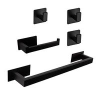 Vanloory 5 Pieces Self Adhesive Bathroom Hardware Set-SUS304 Stainless Steel-Towel Rack Set Include 16″Towel Bar+Toilet Paper Holder+3 Towel/Robe Hooks Bathroom Accessory Towel Bar Set(Matte Black)