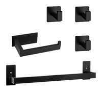 Vanloory 5 Pieces Self Adhesive Bathroom Hardware Set-SUS304 Stainless Steel-Towel Rack Set Include 16″Towel Bar+Toilet Paper Holder+3 Towel/Robe Hooks Bathroom Accessory Towel Bar Set（Matte Black）