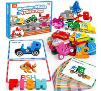 Vanmor Wooden Alphabet Traffic Matching Game, Read Spelling Learning Toy(52Pcs), ABC Letter Flash Cards Matching Sight Words, Preschool Learning Activities Toys for Kids