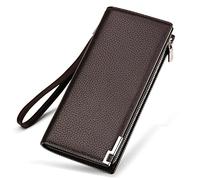 VANNANBA Long Wallet for Men Genuine Leather Zipper Wallet with 30 Card Slots,2 ID Windows,RFID Blocking,Wrist Strap,Cash Compartments,Gift Package, Coffee, Modern